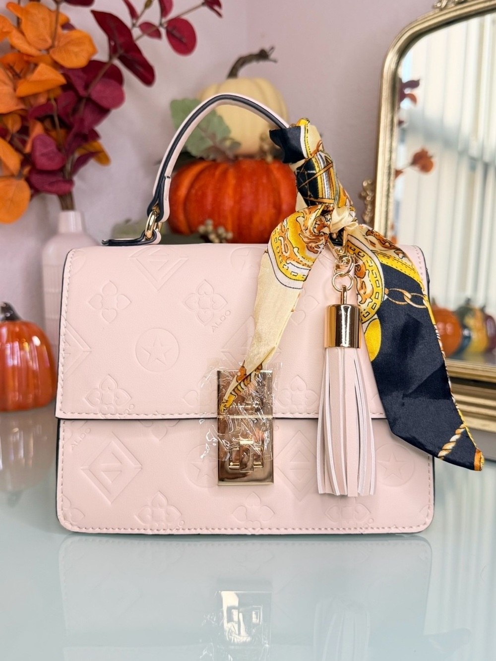 Aldo Light Pink Embossed Top-Handle Satchel with Scarf & Tassel